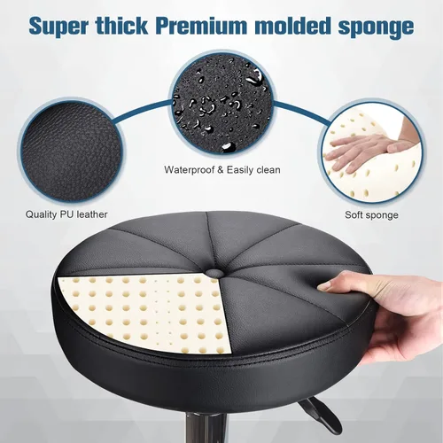 Vista 7 de Taburete redondo con ruedas Silla giratoria ajustable de altura para spa salón masaje negro