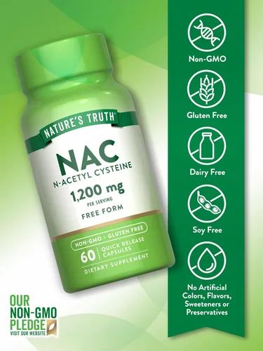 Vista 4 de Nature's Truth N acetil cisteína NAC 1200 mg 60 cápsulas Suplemento sin OMG y sin gluten