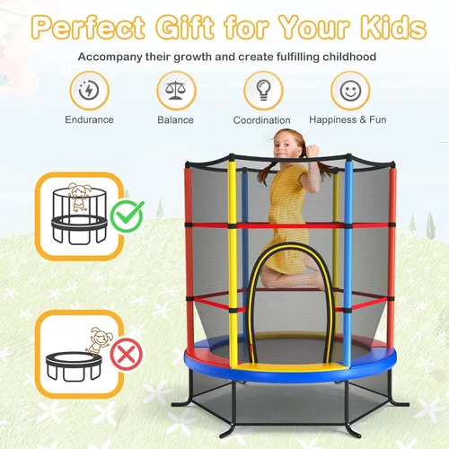 Vista 4 de GYMAX Trampolín de 55 pulgadas para niños, trampolín aprobado por ASTM con red de seguridad completa y cremallera lateral doble, mini trampolín