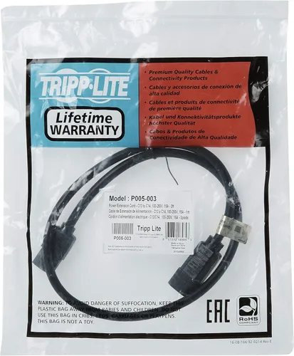 Vista 4 de TRIPP LITE P005-003 Cable de extensión de alimentación resistente 15A 14AWG C14 a C13, 3 pies, color negro