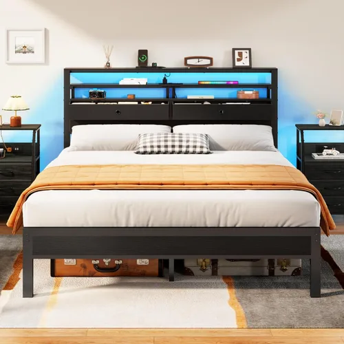 Vista 11 de Furnulem Base de cama individual con estación de carga y luces LED, cabecera de madera con 2 cajones de tela y estantes de almacenamiento, cama