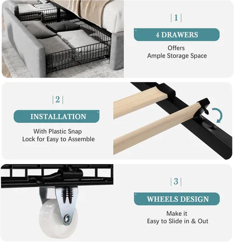 Vista 6 de HOOMIC Base de cama de almacenamiento de plataforma de tamaño matrimonial con 4 cajones y cabecera ajustable, listones de madera, no necesita