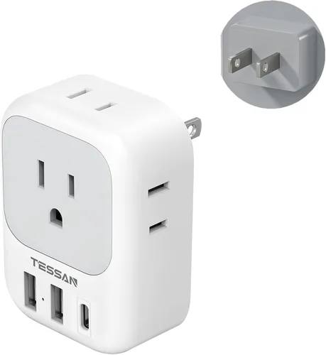 Vista 17 de TESSAN - Adaptador de corriente de viaje para Australia/Nueva Zelanda, 4 tomacorrientes de EE. UU., 3 cargadores USB (1 USB C), adaptador de enchufe