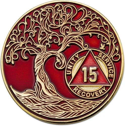 Vista 183 de 1 año Sobriety Mint Twisted Tree of Life Medallón de recuperación AA chapado en oro, chip/ficha - negro