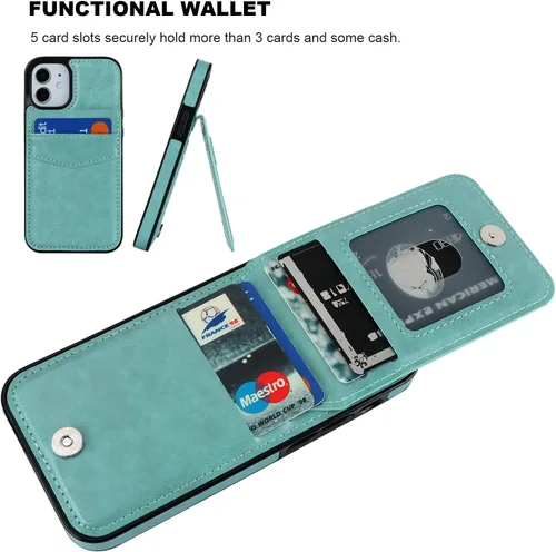 Vista 5 de KIHUWEY - Funda tipo cartera para iPhone 12 Mini, soporte para tarjetas, color negro Ranuras para tarjetas de crédito, piel sintética, cierre