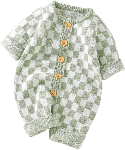 Vista 12 de Mameluco de punto unisex para bebé, niña, niño, overol de punto a cuadros, de una pieza, suéter con botones Negro