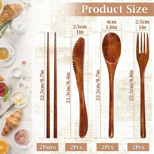 Vista 2 de Juego de 8 utensilios de madera para comer, cuchara reutilizable, tenedor, cuchillo, palillos, juego de cubiertos de madera portátiles para viajes