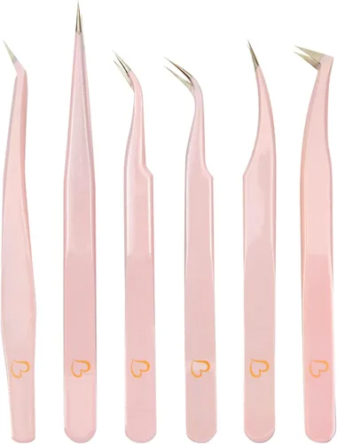 Vista 4 de Okuna Outpost Juego de pinzas de precisión de 6 piezas para extensiones de pestañas con estuche de almacenamiento (rosa claro) - Pinzas para pestañas