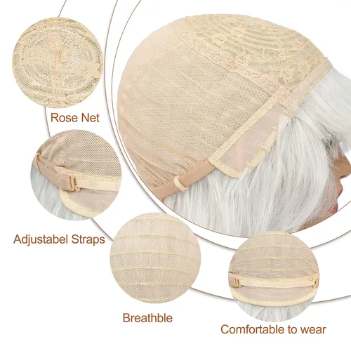 Vista 5 de SOKU Peluca blanca con flequillo de aire, pelucas cortas estilo Bob para mujer, 20 pulgadas de largo, cabello blanco ondulado, peluca de disfraz