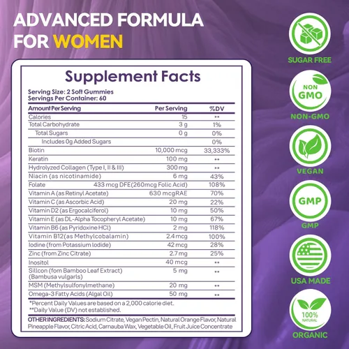 Vista 2 de Gomitas multivitamínicas para el crecimiento del cabello, gomitas de biotina sin azúcar, 10000 mcg con colágeno, queratina, silicona, MSM y omega-3