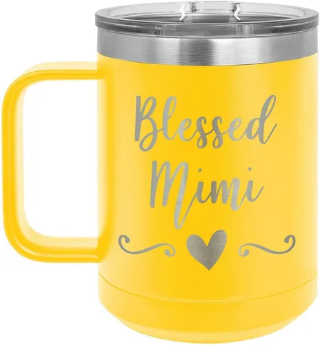 BLESSED MIMI Amarillo 15 oz Taza de café wtapa deslizante Taza de café de viaje aislada Ideas de regalos de cumpleaños o Navidad de mujeres u