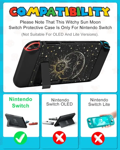 Vista 2 de Funda 9in1 Sun Moon Witchy Switch para Nintendo Switch, fundas de transporte y accesorios de almacenamiento, kit de agarre para pulgar+soporte