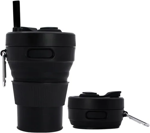 Taza de café de silicona plegable para camping, viajes, con pajita, reutilizable, portátil, para senderismo, al aire libre, 15.2 fl oz (negro, 15.2