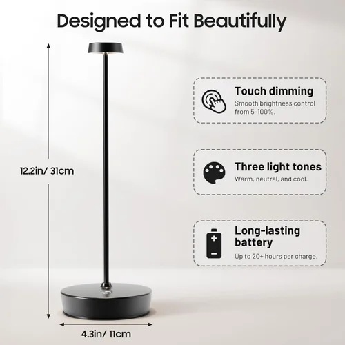 Vista 3 de Paquete de 2 lámparas de mesa LED inalámbricas, luz de mesa recargable, lámpara de mesa regulable de 3 colores, luz de mesa portátil