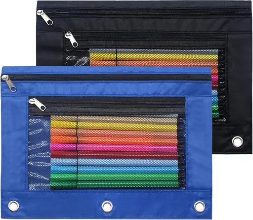 Vista 11 de Cinvo Estuche para lápices de 3 anillos con cremallera, estuche de lona con 2 compartimentos (juego de 2, negro)