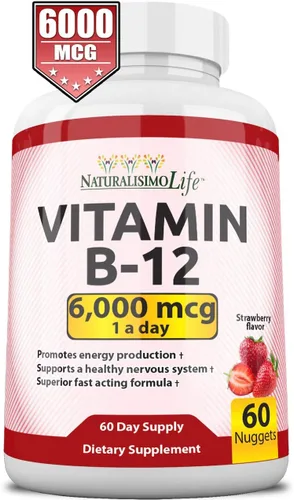 Vista 4 de NaturalisimoLife Vitamina B12 6,000 mcg - Pepitas de sabor fresa de disolución rápida - 60 nuggets, sin OMG, vegano, sin gluten