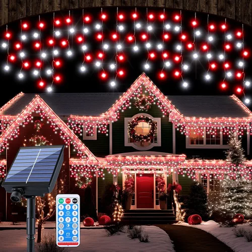 Vista 8 de Retisee Luz solar de Navidad de carámbano blanco frío de 65 pies para decoración al aire libre, 600 LED impermeable, cortina de Navidad, tira
