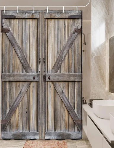 Vista 9 de JAWO Cortina de ducha rústica para puerta de granero, estilo occidental, para baño, tablero de madera marrón, tela impermeable de poliéster
