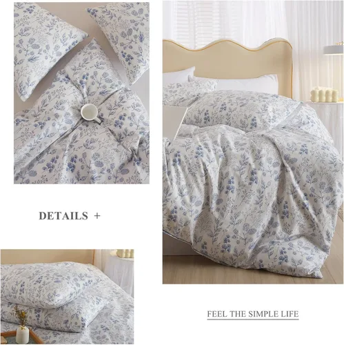 Vista 4 de Juego de funda de edredón blanca con estampado floral azul, juego de ropa de cama de algodón suave estilo bohemio, juego de ropa de cama estética