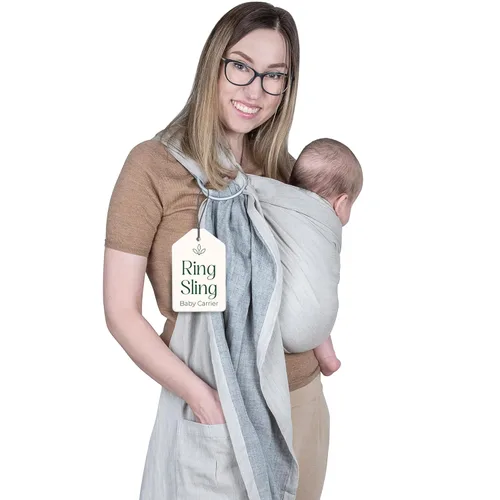 Vista 19 de Portabebés Ring Sling - Probado en laboratorio de EE.UU., 100% muselina de algodón natural, transpirable y ergonómico Ring Sling gris rosado