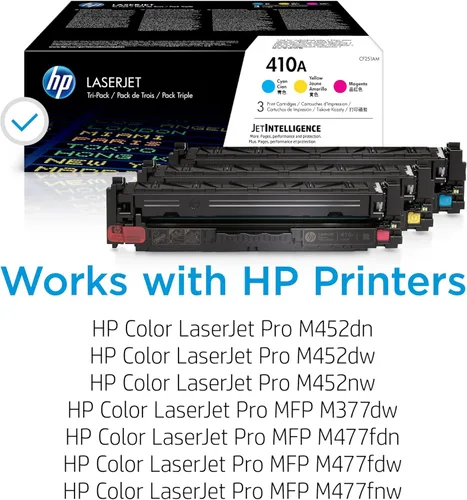 Vista 2 de HP CF251AM 410A Cf251A-M cartucho de tóner original para impresoras LaserJet. Color cian, magenta y amarillo, paquete de 3.