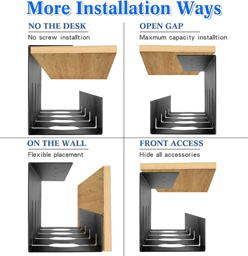 Vista 3 de Kigley 4 Pack Under Desk Cable Management Tray, Metal Cable Tray Basket for Wire Management, No Drill/Drill PC Cord Organizer for Home Office