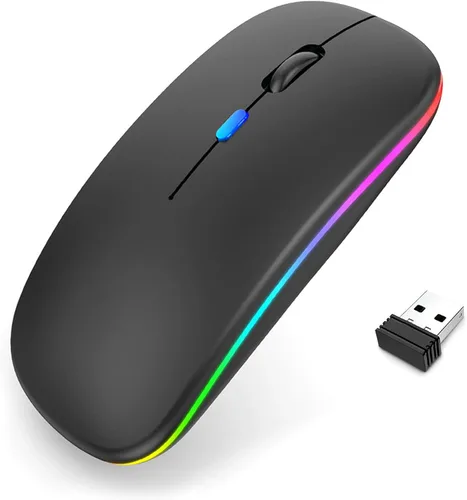 Ratón inalámbrico LED, mouse Bluetooth recargable, mouse portátil delgado con receptor USB, conexión de modo dual BT5.4 y 2.4G, silencioso para