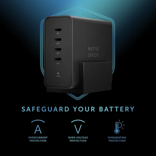 Vista 9 de Native Union Fast GaN Charger PD 140W – 4-Port Power Delivery 3.1 Desktop Charging Station with Desk Stand – for MacBook Pro, iPads, iPhones, Pixel