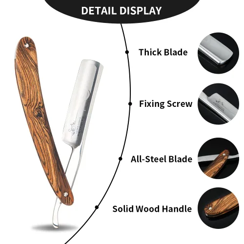 Vista 2 de Maquinilla de afeitar recta con mango de madera listo para peluquería de hombres, kit de afeitar de borde recto, maquinilla de afeitar profesional