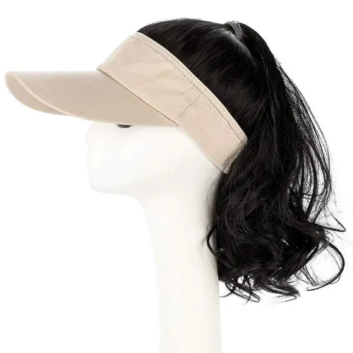 Vista 11 de YEKEYI Sombrero de peluca para exteriores con cabello para cola de caballo, gorra de béisbol con cabello marrón y negro ondulado para mujer, Negro