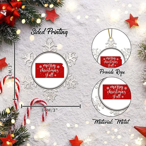 Vista 2 de Patriotic American State Christmas Ornaments for Tree Kansas Christmas Tree Decoration Keepsake Merry Christmas Y’All Metal Snowflake Christmas