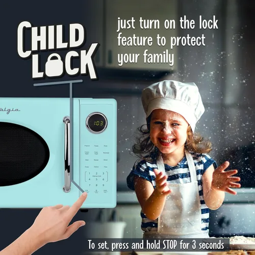 Vista 4 de Nostalgia Retro - Horno microondas de 1000W, capacidad de 1.1 pies cúbicos – Bloqueo de seguridad para niños, 8 ajustes de cocción automática