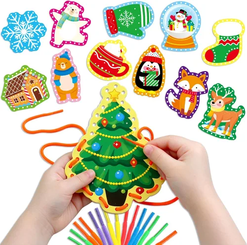 Tarjetas de encaje de animales de invierno, 12 paquetes de kits de costura para niños, tarjetas de costura de cartón de Navidad, juegos de cordones