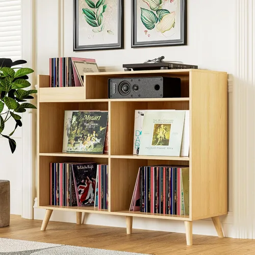 Vista 10 de DIYART 3 Tier Large Record Player Stand with Power Outlet, Vinyl Record Storage Table Holds Up to 500 Albums, Mid-Century Turntable Stand, Brown