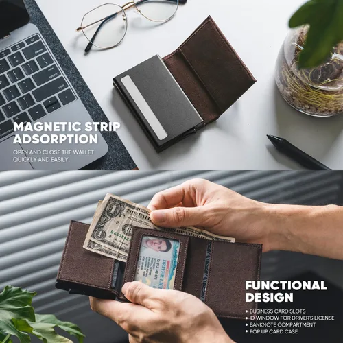 Vista 4 de VULKIT Cartera plegable de cuero con compartimento para billetes, ventana de identificación y moneda