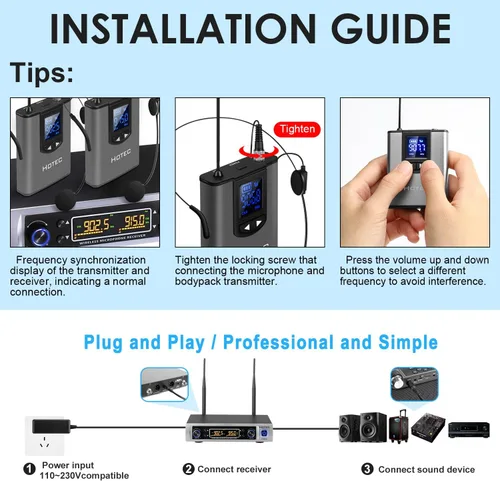 Vista 6 de HOTEC Sistema de micrófono inalámbrico UHF con doble solapa/Lavalier y micrófonos de auriculares sobre PA, mezclador, altavoz, máquina de karaoke