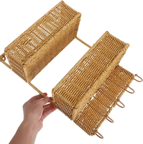 Vista 9 de Angoily Cesta clasificadora de almacenamiento tejida de 2 niveles con 5 ganchos, cesta de frutas colgante de ratán para cocina, verduras