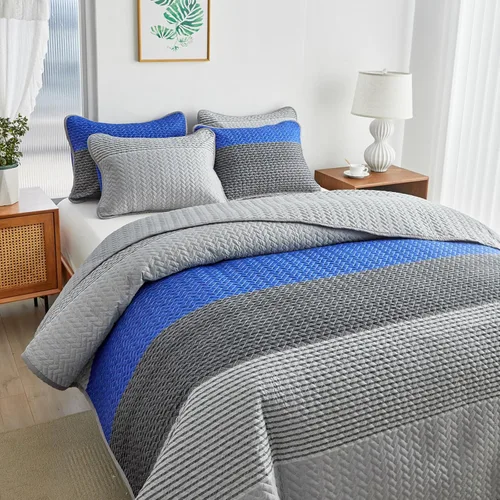 Vista 13 de Flysheep Juego de edredón bohemio gris oscuro, tamaño matrimonial y Queen, 3 piezas de edredón reversible a rayas blancas sobre gris, colcha