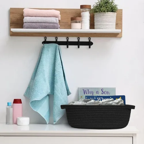 Vista 6 de MEGASKET Cesta tejida negra, cesta de juguetes linda para perros de 13" x 9" x 5", caja de almacenamiento de cuerda de algodón suave, cubo