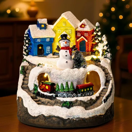 Vista 7 de ZQQLITE Casas de Pueblo Navideño de Muñeco de Nieve Musical Animado con Tren Giratorio, Figuras de Colección de Pueblo Navideño Iluminadas