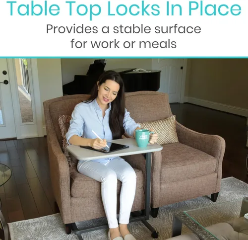 Vista 17 de Vive Mesa para colocar sobre la cama (XL) - Mesa de cama de hospital - Bandeja giratoria con ruedas giratorias - Escritorio ajustable sobre