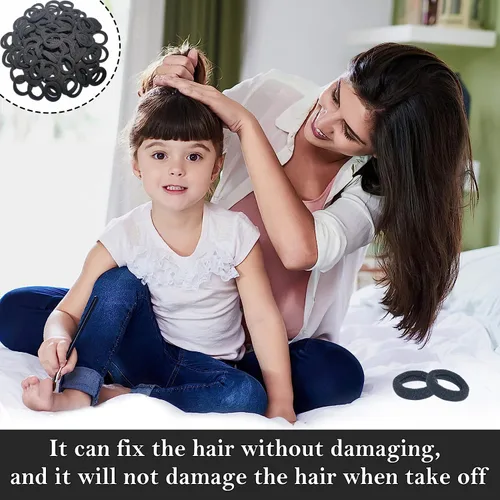 Vista 4 de 100 mini ligas para el cabello, suaves y sin costuras, soportes elásticos para cola de caballo para niñas (negro)