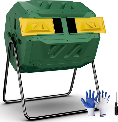 Compostador de doble cámara para exteriores de 43 galones, sin BPA, contenedor de abono giratorio con puertas correderas y marco de acero para