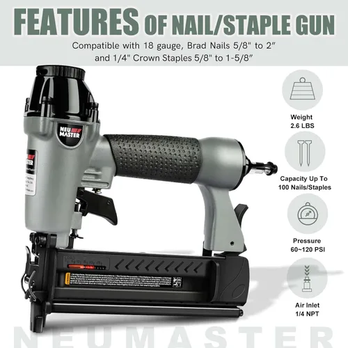 Vista 4 de NEU Master Engrapadora neumática de clavos, pistola de grapas/clavos 2 en 1 dispara clavos de 18 calibre de 2 pulgadas y grapas de corona de 1-5/8