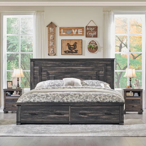 Vista 10 de RedLemon - Base de cama estilo granja tamaño Queen de madera con cabecera geométrica de 137 cm de altura, 2 cajones de almacenamiento grandes