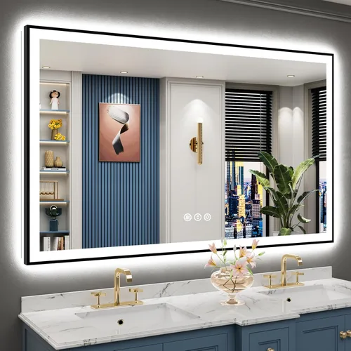 Vista 65 de Espejo de baño LED de 48 x 30 pulgadas con luces, retroiluminado + frontal iluminado, espejo de tocador con luz antiniebla para pared de baño con 3