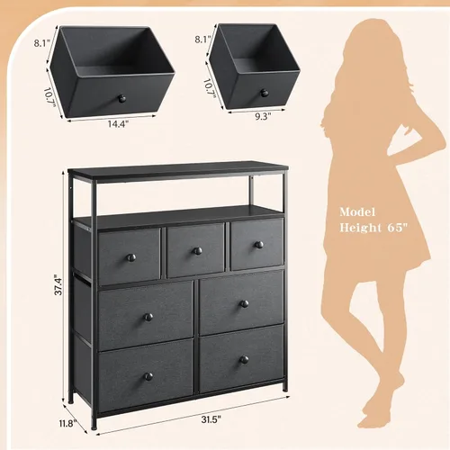 Vista 3 de EnHomee Soporte de TV para dormitorio con 7 cómodas y 2 estantes abiertos, cómodas y cómodas para pasillo, entrada, dormitorio, gris