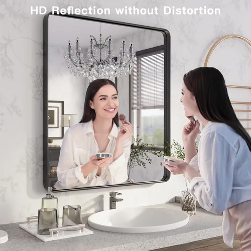 Vista 2 de ISKM Espejo con marco negro para pared de 20 x 16 pulgadas, espejo de tocador de baño antioxidante, vidrio templado, espejo rectangular redondeado