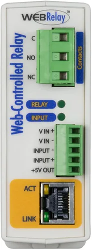 Vista 2 de Relé Ethernet accesible remoto WebRelay y módulo de entrada digital (se requiere fuente de alimentación de 9-28 VDC X-WR-1R12-1I-I)