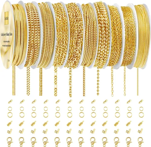 Vista 9 de Ecoofor Cadenas de collar de oro para hacer joyas, 62.3 pies, 8 rollos de cadenas de joyería para hacer collares, pulseras y joyas con anillos